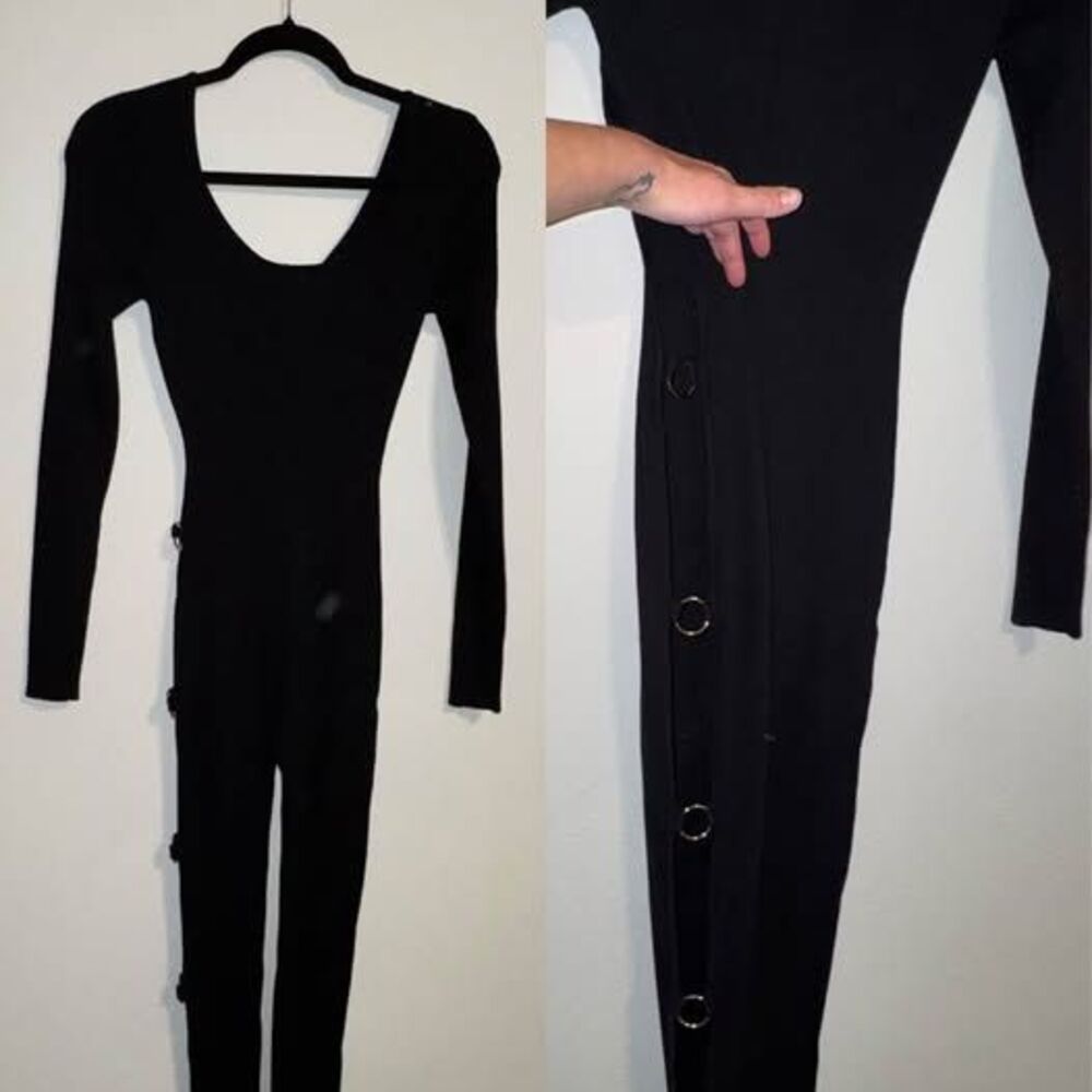Black Ribbed Long Sleeve Jumpsuit with Gold Ring Detail